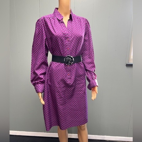 Vintage 70's purple and teal geometric shirt dress. Button Down Collared. Size L - Picture 2 of 14